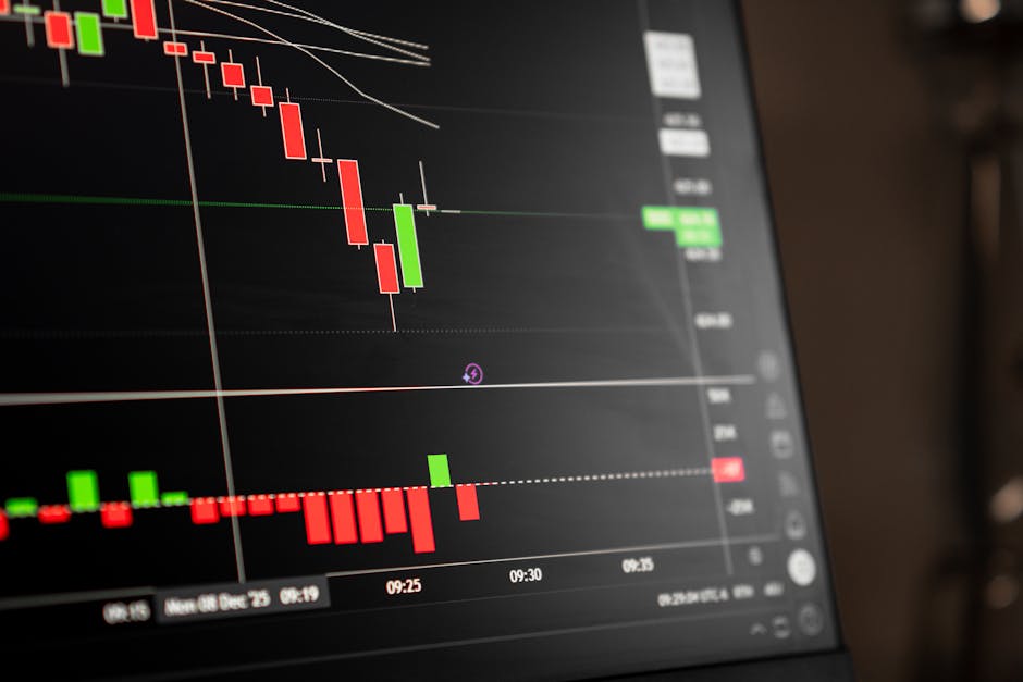 A close-up of a digital screen showing stock market candlestick chart data.